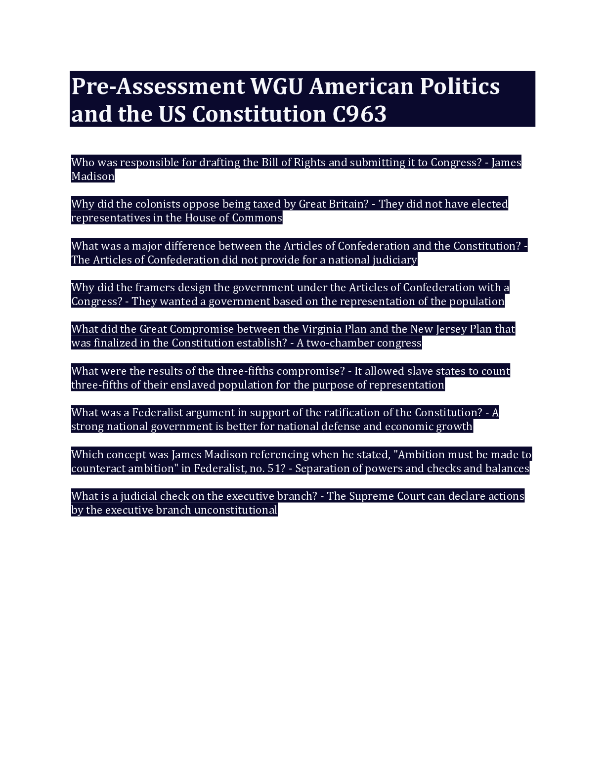 Preview image for Pre-Assessment WGU American Politics and the US Constitution C963 latest updates 2023